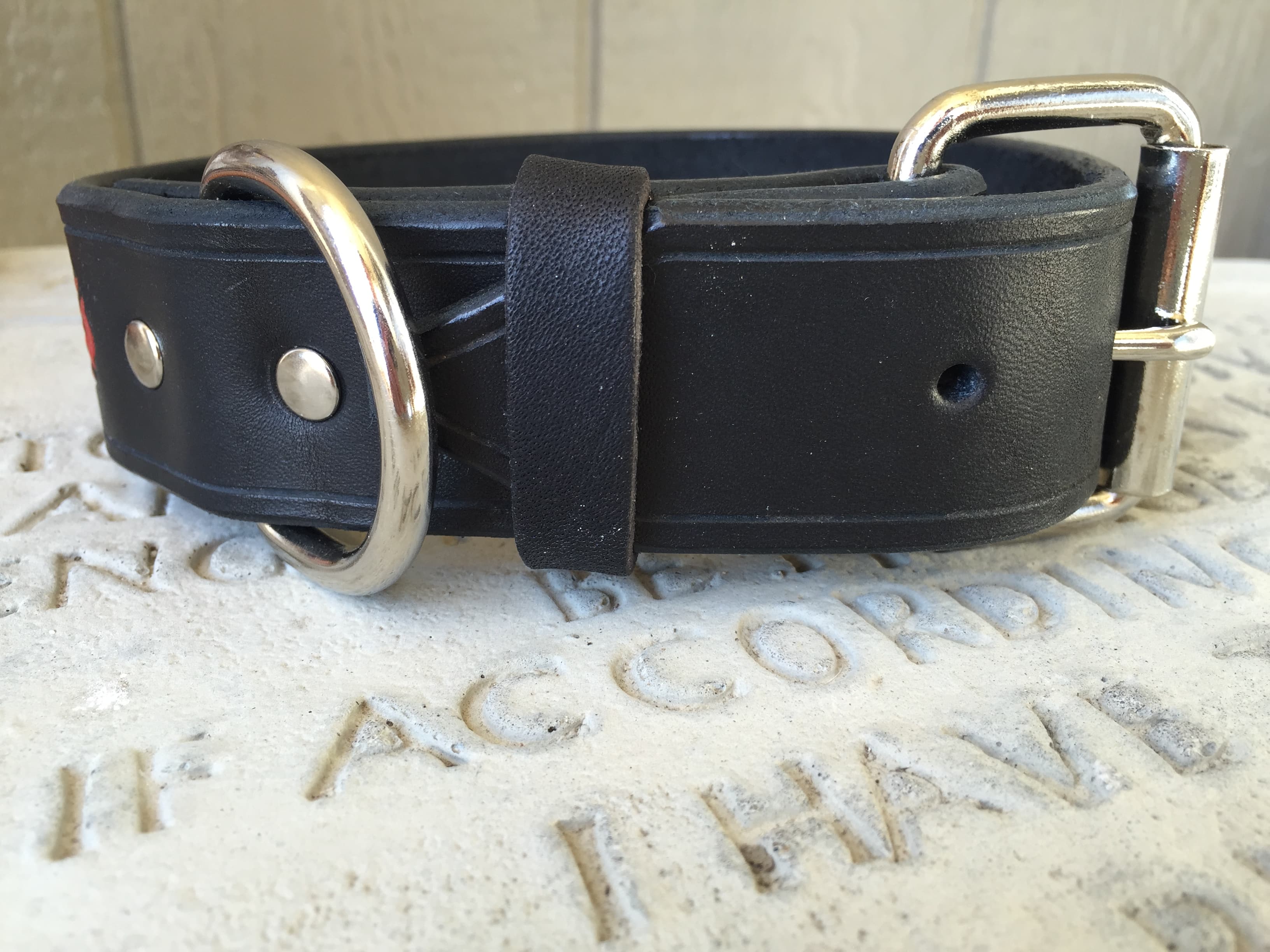 Leather fire department dog collar detail