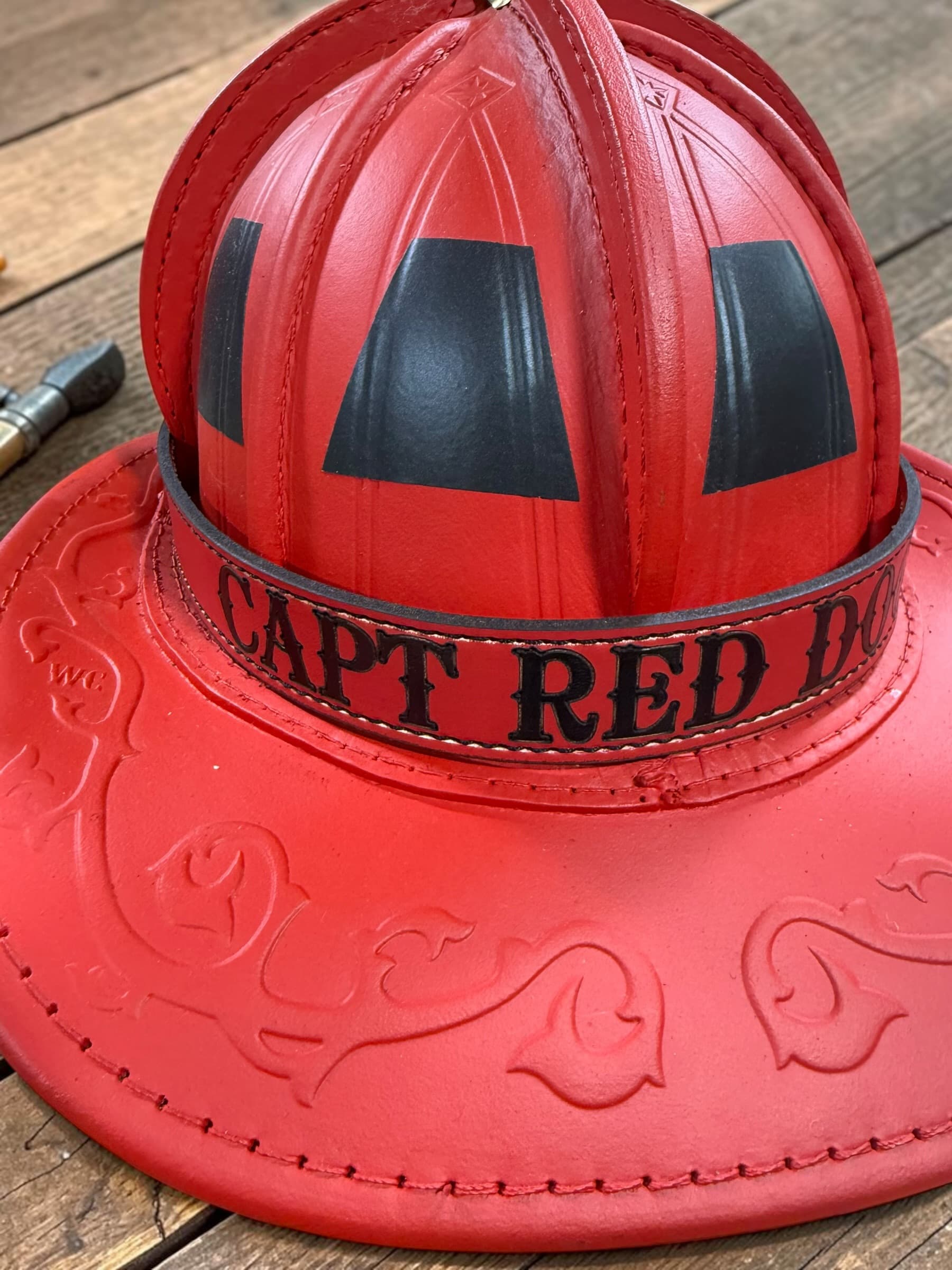 Leather helmet band with Captain rank — CAPT RED DOG — stamped and paint-filled — view 5
