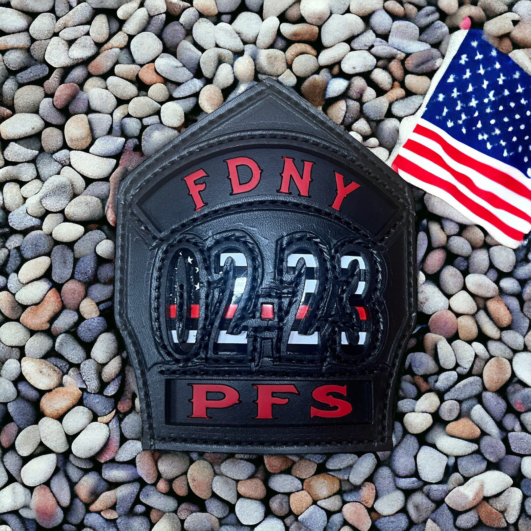 Handcrafted leather fire helmet shield closeup